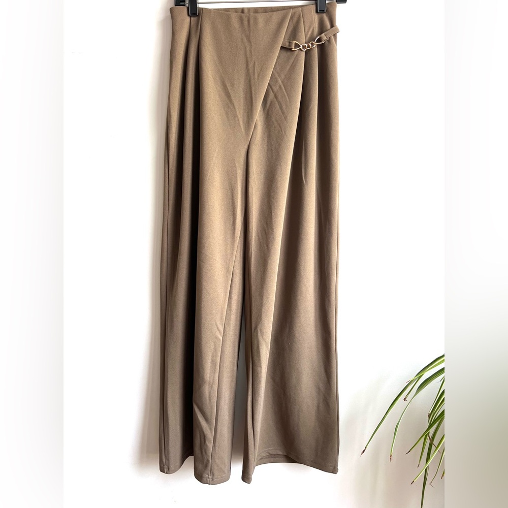 Stylish Business Casual Tan Gold Accent Buckle Wide-Leg Pants